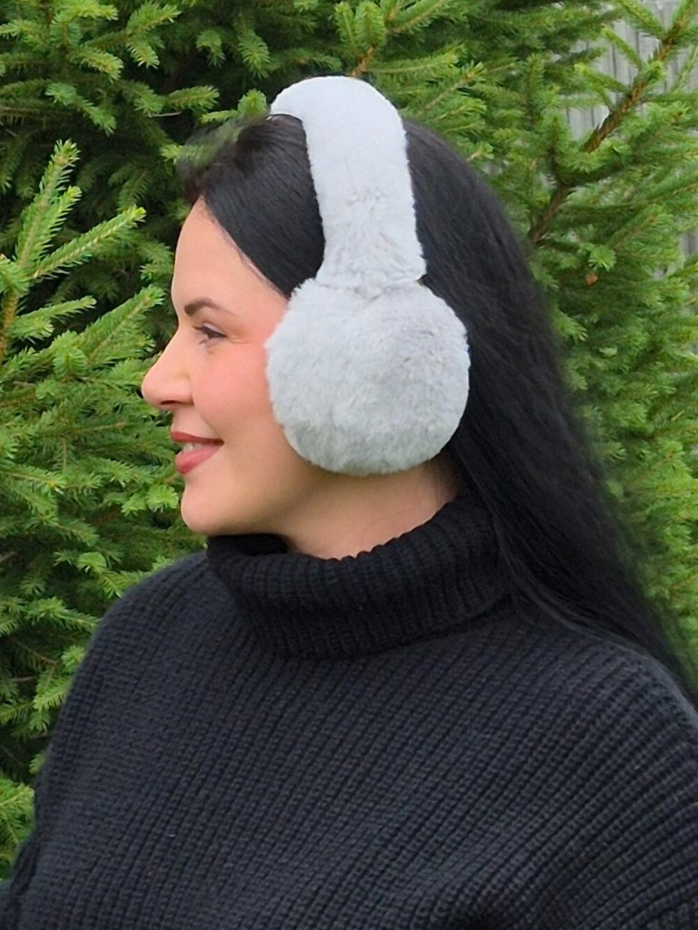 Light Gray Genuine Rabbit Fur Earmuffs, Real Fur Warm Plush Winter Head Warmers - Picture 6 of 7